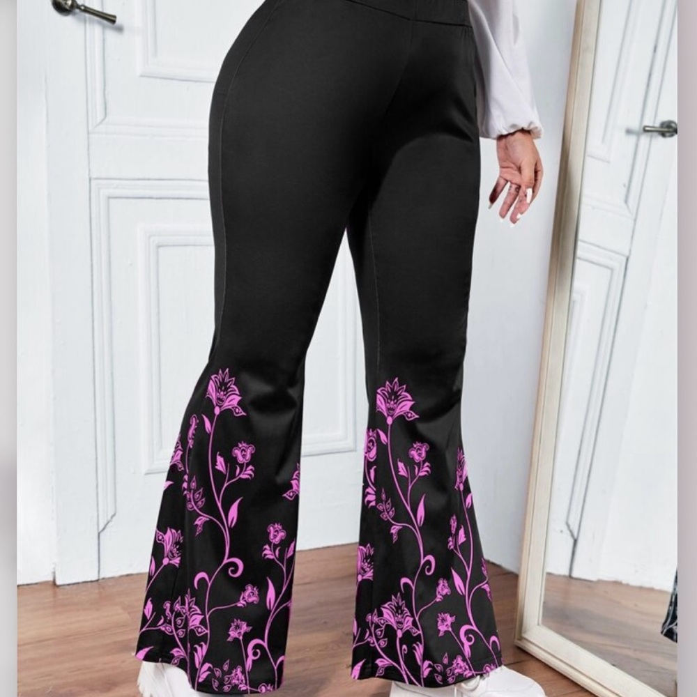 SHEIN Black and Pink Floral Flare Pants